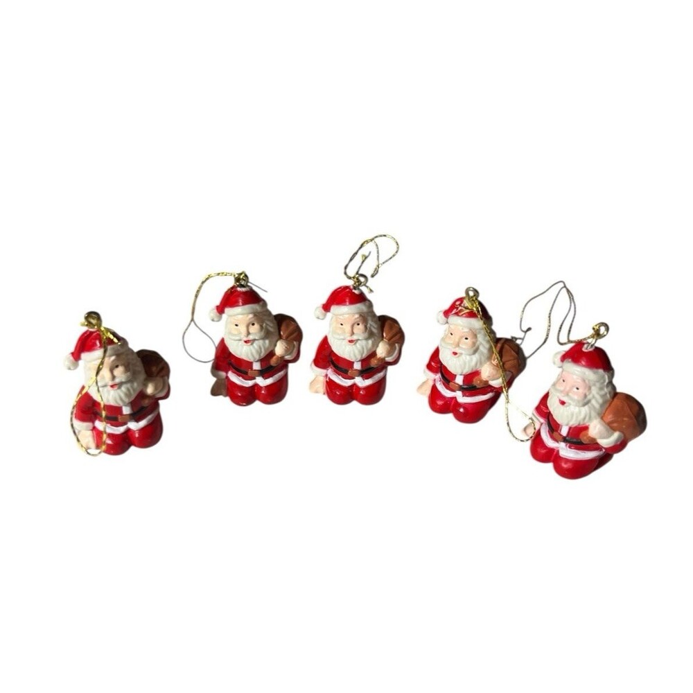 Lot of 5 Vintage Santa Mini Ornaments Kneeling Toy Bag Retro Resin 1-1/2"